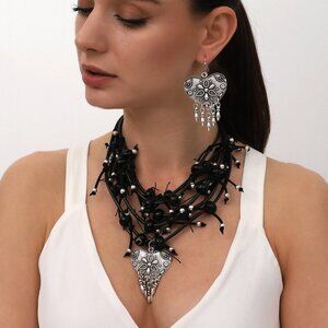 Antique Silver Plated Ethnic Design Heart Pendant Leather Necklace